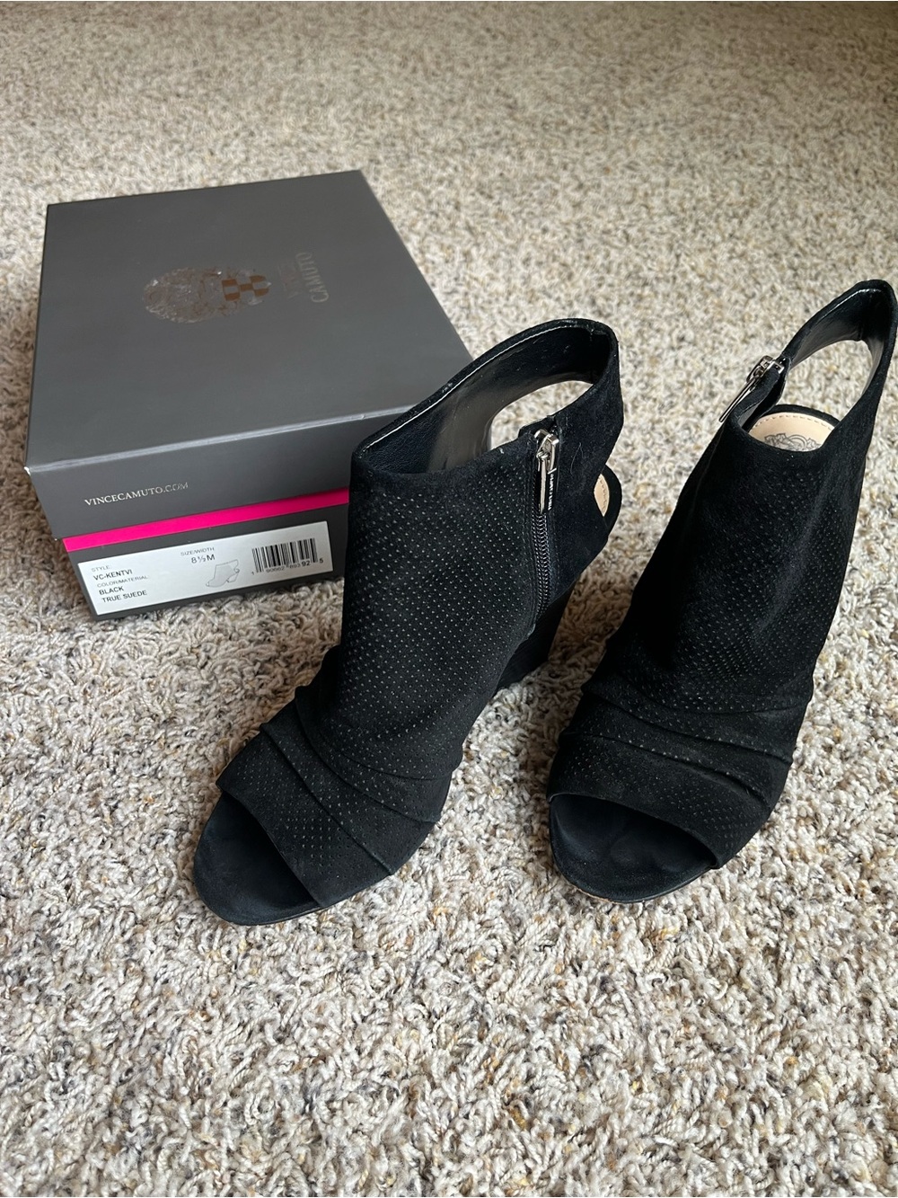 Vince Camuto Black Peep Toe Suede Booties, Sz 8.5